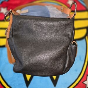 Black Pebbled Leather Shoulder Bag with Tan Strap